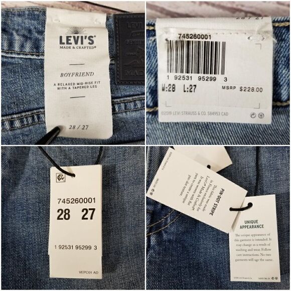 Nwt Levi's Size 28/27 Made & Crafted Pin Dot Stripe Ribbed Patch Boyfriend Jeans - Picture 7 of 11